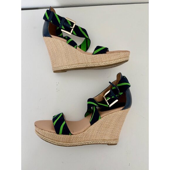 Tommy Hilfiger Sandals 10 Wedge Navy Green Striped Espadrille Preppy Nautical - Picture 8 of 16
